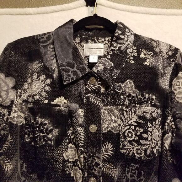 Christopher Banks M Jacket Corduroy Black Gray Floral Fall Autum Trucker Cottage - Picture 4 of 10